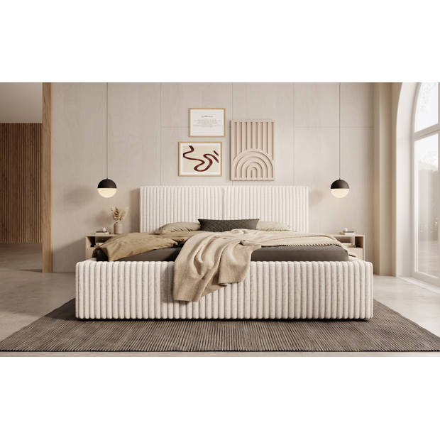 Meubella Tweepersoonsbed Infinity - Beige - Fluffy ribstof - 160x200 cm