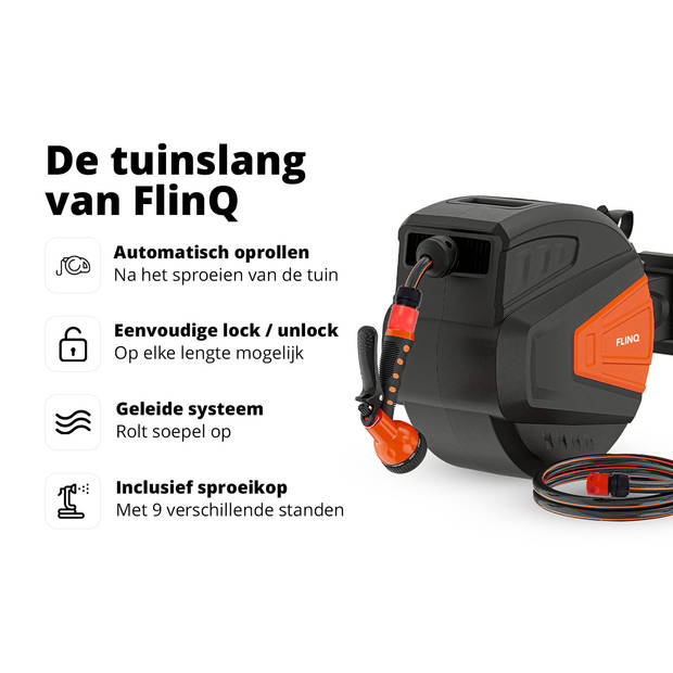 FlinQ Tuinslanghaspel 20M - Automatische oprol functie - 180° draaibaar - 9 sproeistanden