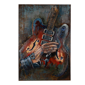 Clayre & Eef 3D Schilderijen metaal 60x90 cm Bruin Blauw Ijzer Gitaar Muurdecoratie Bruin Muurdecoratie