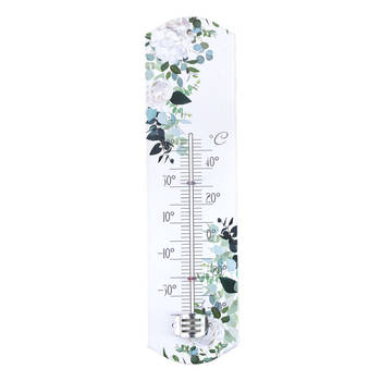 Alma Garden Binnen/buiten thermometer met lentebloemen print - wit - metaal - 29 x 6.5 cm - Buitenthermometers