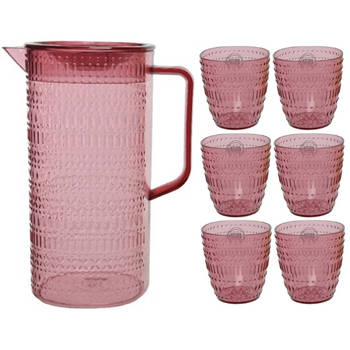 Schenkkan/waterkan/sapkan/limonadekan set met 6 glazen roze - Schenkkannen