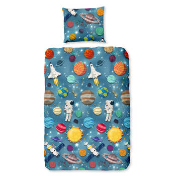 Good Morning Kinder Dekbedovertrek Flanel Spaceworld - blauw 140x200/220cm