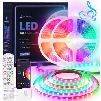 Lideka - LED Strip 15m (2x7.5) RGB - 3.0A - 50K Branduren - Afstandsbediening en App - 270 LEDs - Zelfklevend Licht