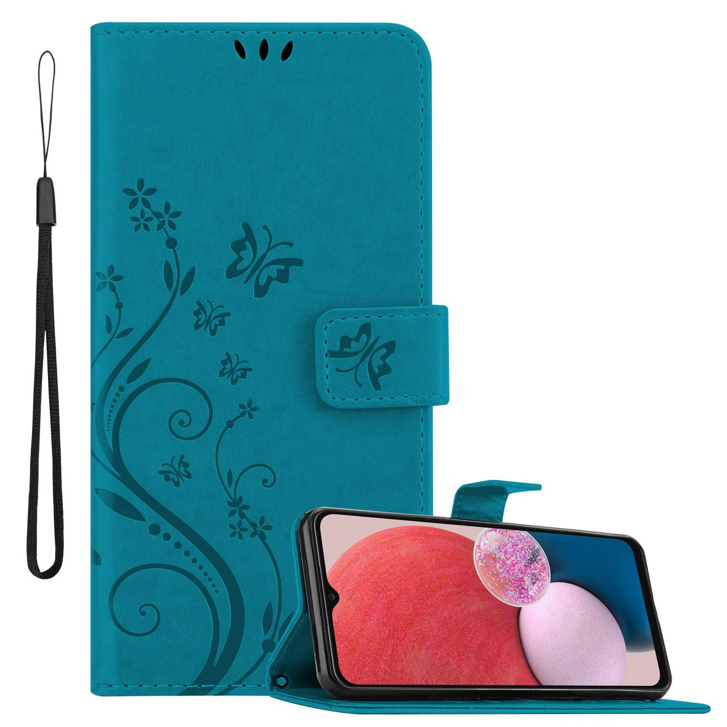 Cadorabo Hoesje geschikt voor Samsung Galaxy A13 4G in BLOEMEN BLAUW - Beschermhoes in bloemmotief met magnetische sluiting, standfunctie en kaartsleuven Book Case Cover Etui