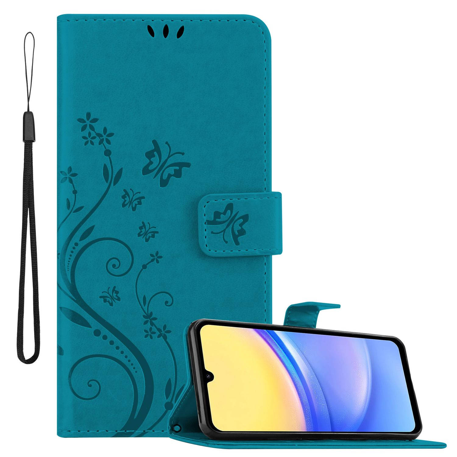 Cadorabo Hoesje geschikt voor Samsung Galaxy A15 in BLOEMEN BLAUW - Beschermhoes in bloemmotief met magnetische sluiting, standfunctie en kaartsleuven Book Case Cover Etui