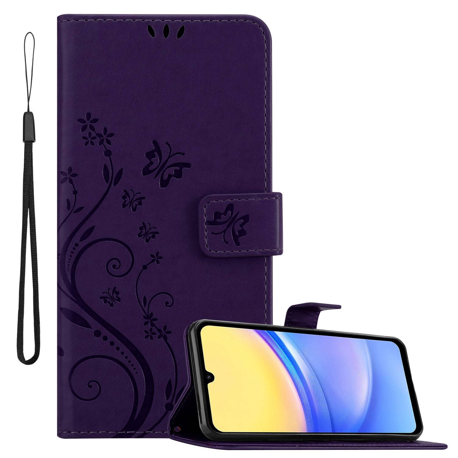Cadorabo Hoesje geschikt voor Samsung Galaxy A15 in BLOEMEN DONKER PAARS - Beschermhoes in bloemmotief met magnetische sluiting, standfunctie en kaartsleuven Book Case Cover Etui