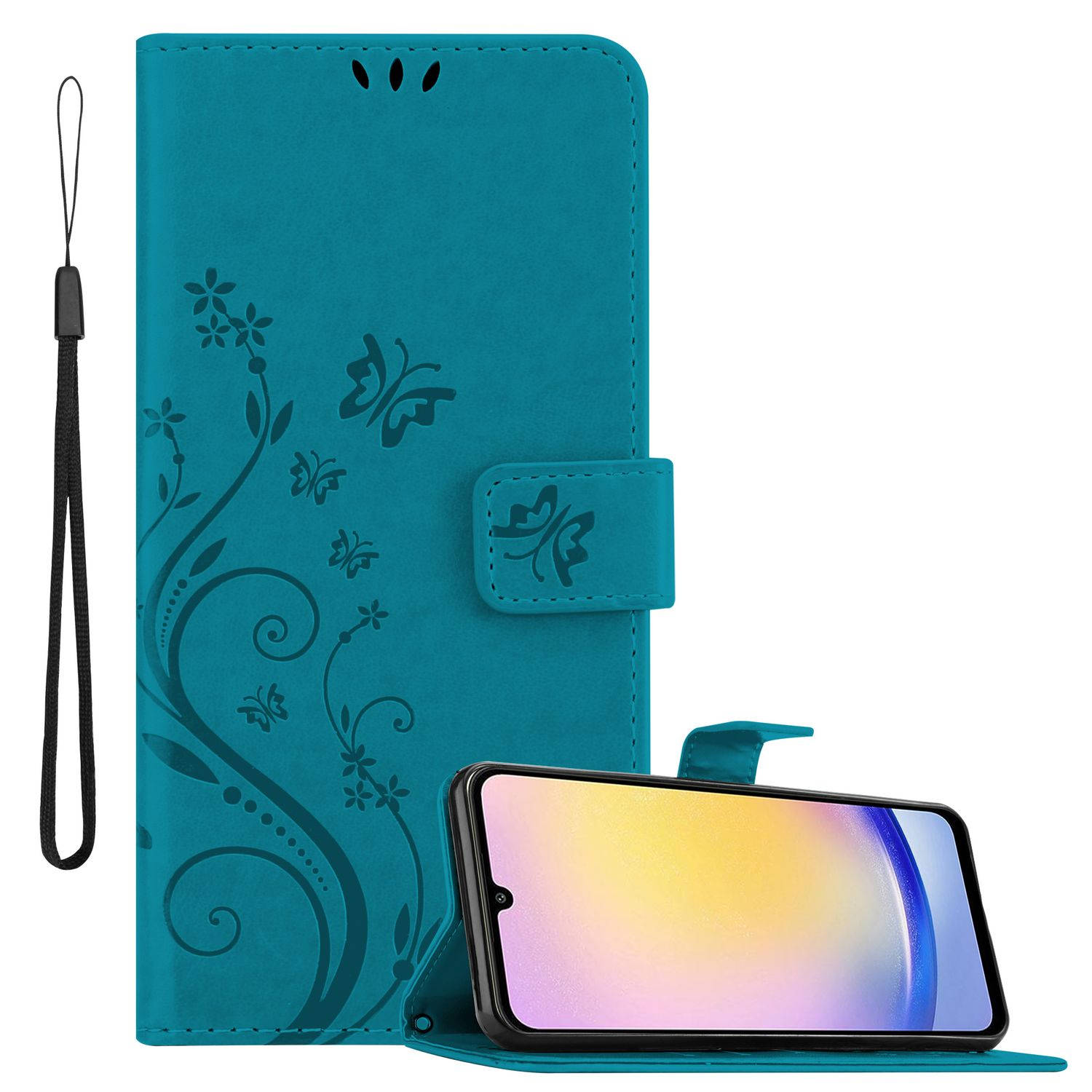Cadorabo Hoesje geschikt voor Samsung Galaxy A25 in BLOEMEN BLAUW - Beschermhoes in bloemmotief met magnetische sluiting, standfunctie en kaartsleuven Book Case Cover Etui