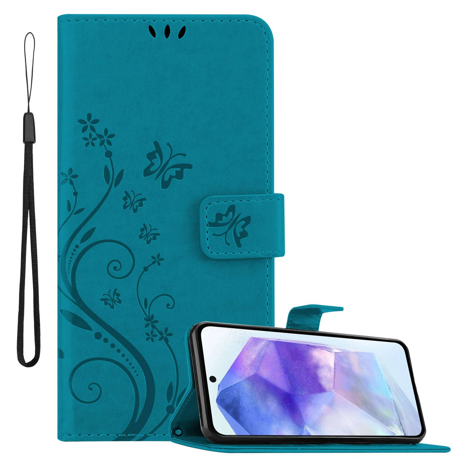 Cadorabo Hoesje geschikt voor Samsung Galaxy A55 in BLOEMEN BLAUW - Beschermhoes in bloemmotief met magnetische sluiting, standfunctie en kaartsleuven Book Case Cover Etui