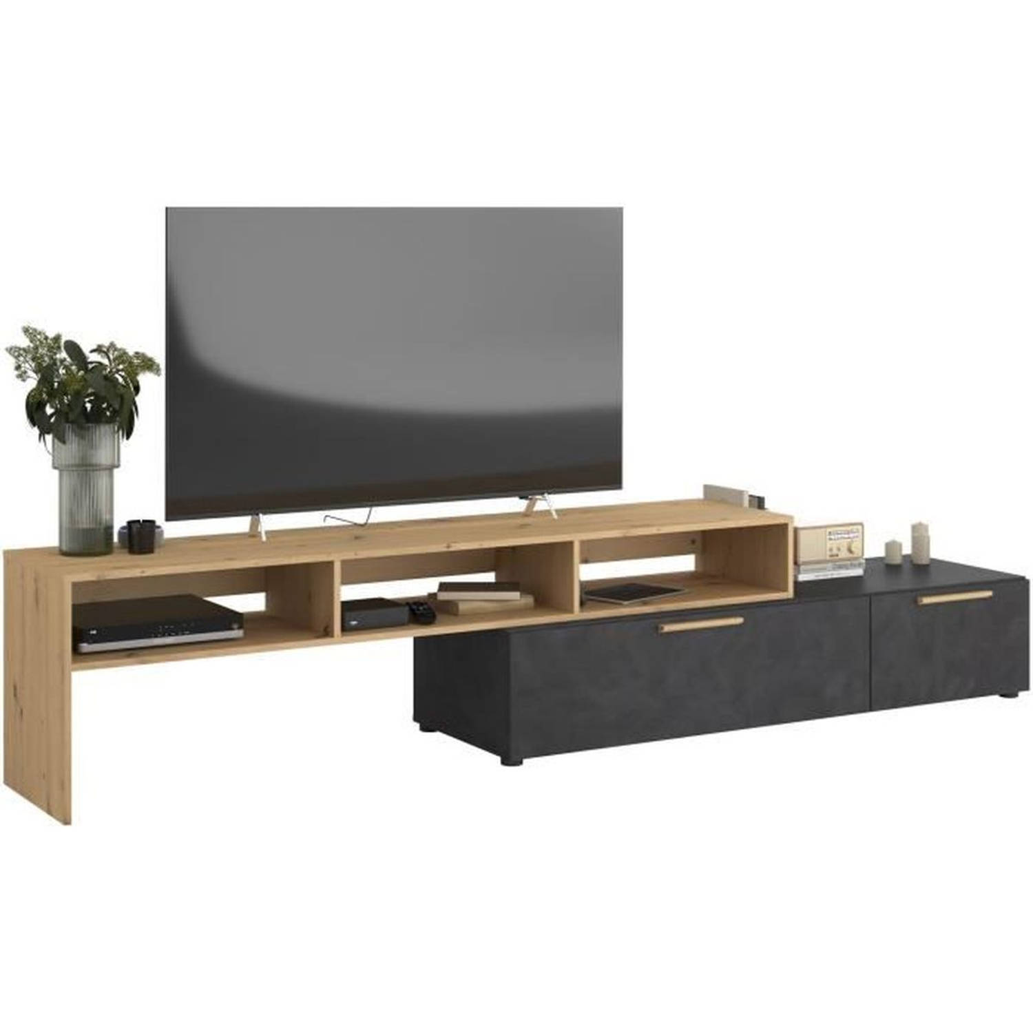 RAW TV-meubel - Decor eiken en Steam Black - 1 klep + 1 lade - 4 modulaties naar keuze - L250 x H 50 x D 46,6 cm