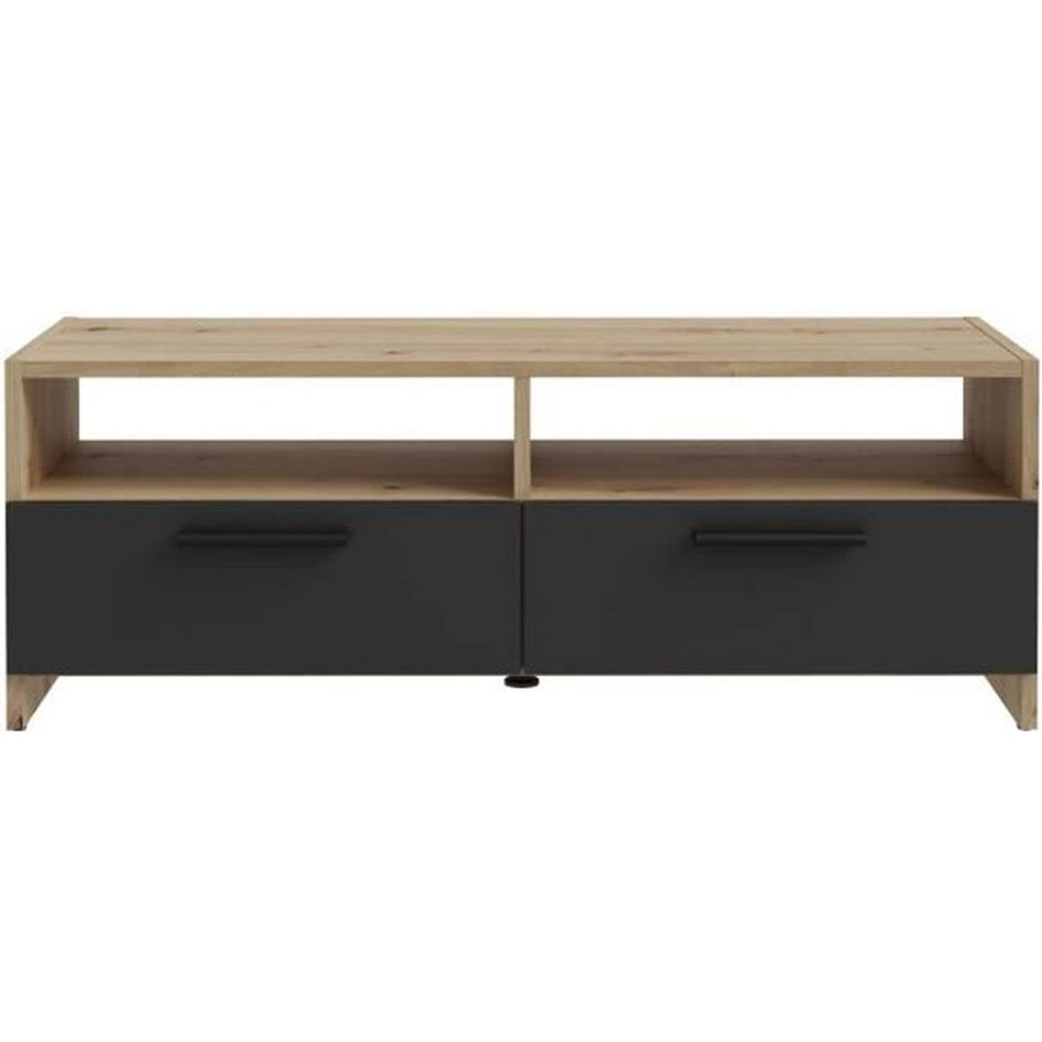 PILVI TV-meubel - Eigentijdse stijl - Eiken en Zwart decor - 2 kleppen + 2 nissen - L 95 x D 36 x H 34,5 cm