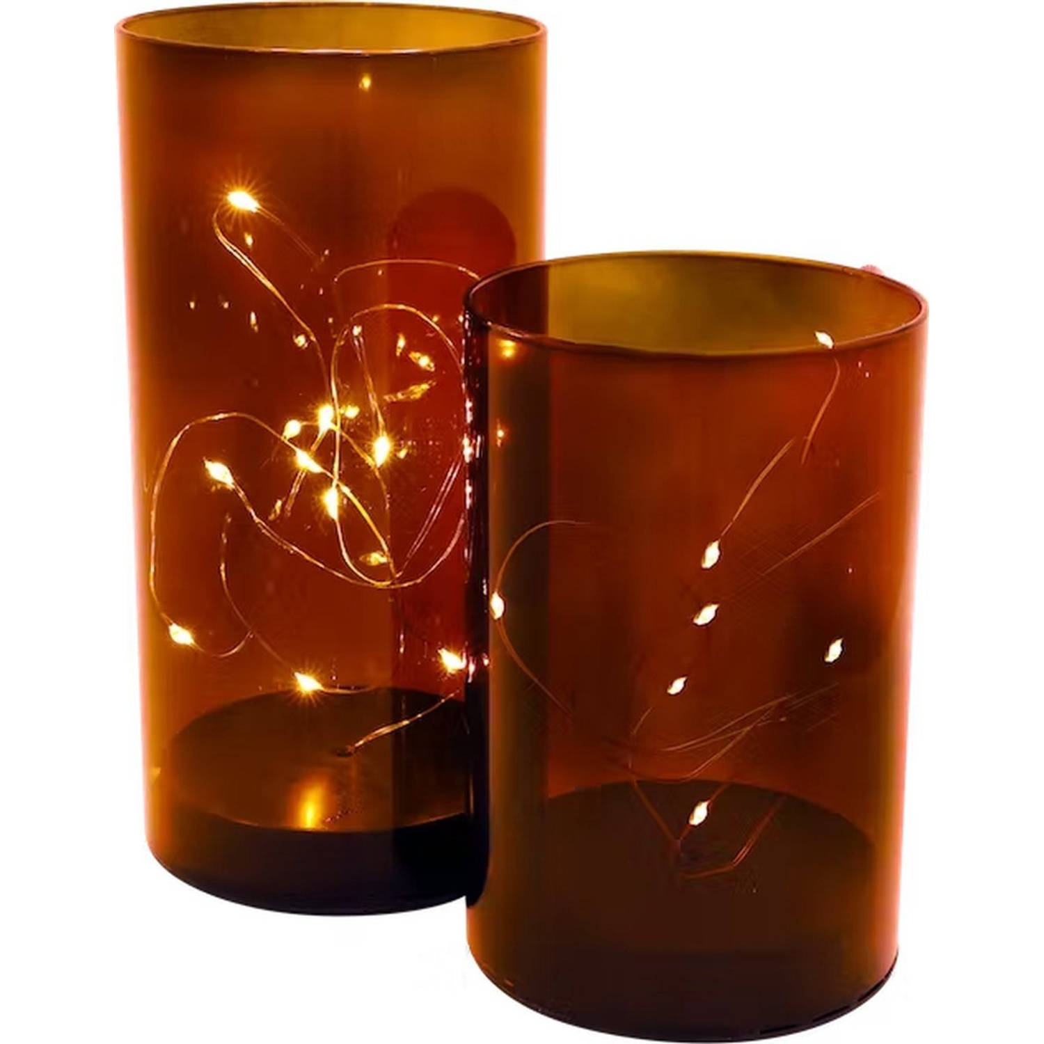 Glazen kokers met ledverlichting - Kerst - Verlichting - Glazen - Led - Koper- 2-delig- Kerstversiering- Kerst-  Lichthouder