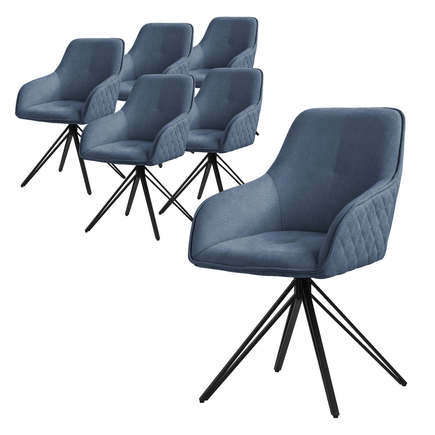 ML-Design eetkamerstoelen draaibaar set van 6, textiel geweven stof, blauw, woonkamerstoel met armleuning/rugleuning, 360° draaibare stoel, gestoffeerde stoel met metalen poten, er