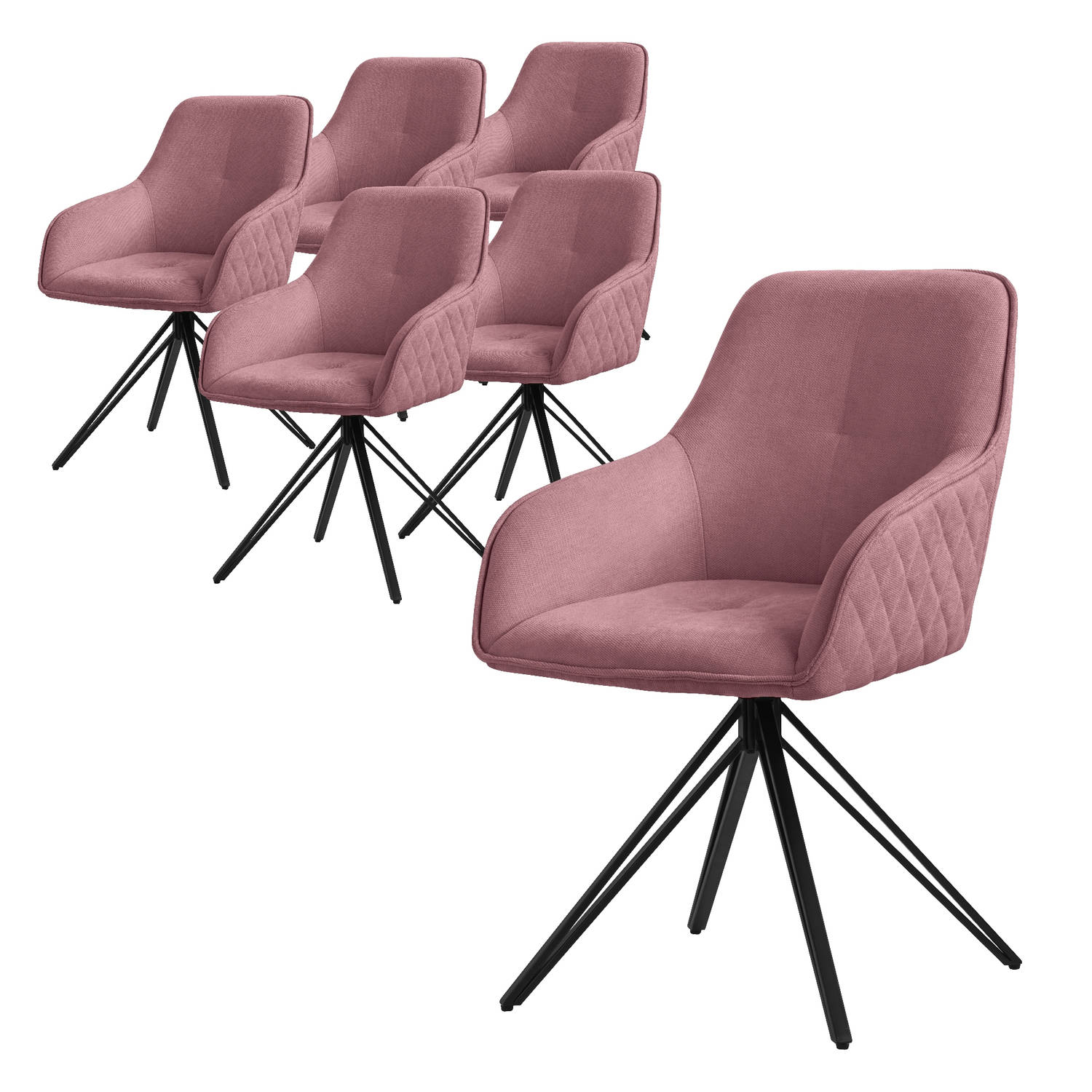 ML-Design eetkamerstoelen draaibaar 6-delige set textiel geweven stof oud roze, woonkamerstoel met armleuning/rugleuning, 360° draaibare stoel, gestoffeerde stoel met metalen poten