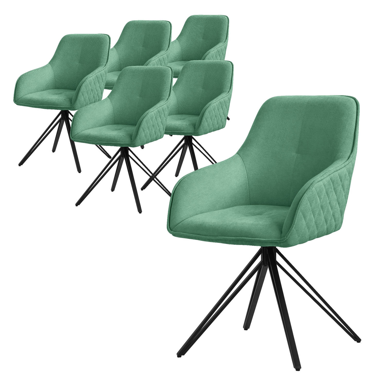 ML-Design eetkamerstoelen draaibaar set van 6, textiel geweven stof, groen, woonkamerstoel met armleuning/rugleuning, 360° draaibare stoel, gestoffeerde stoel met metalen poten, er
