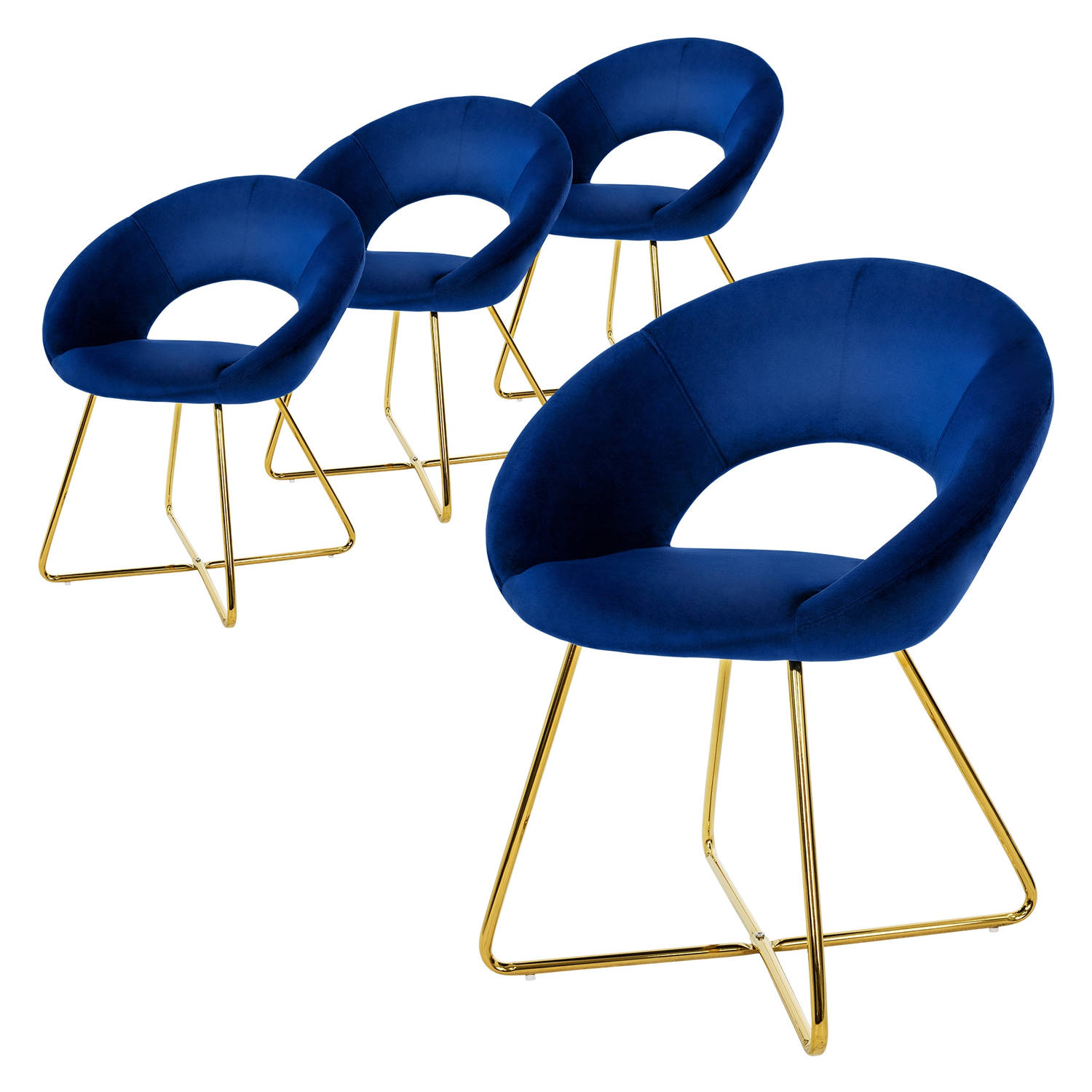 ML-Design eetkamerstoelen set van 4 blauw fluweel, woonkamerstoel met ronde rugleuning, gestoffeerde stoel met gouden metalen poten, ergonomische eettafel fauteuil, keukenstoel kui