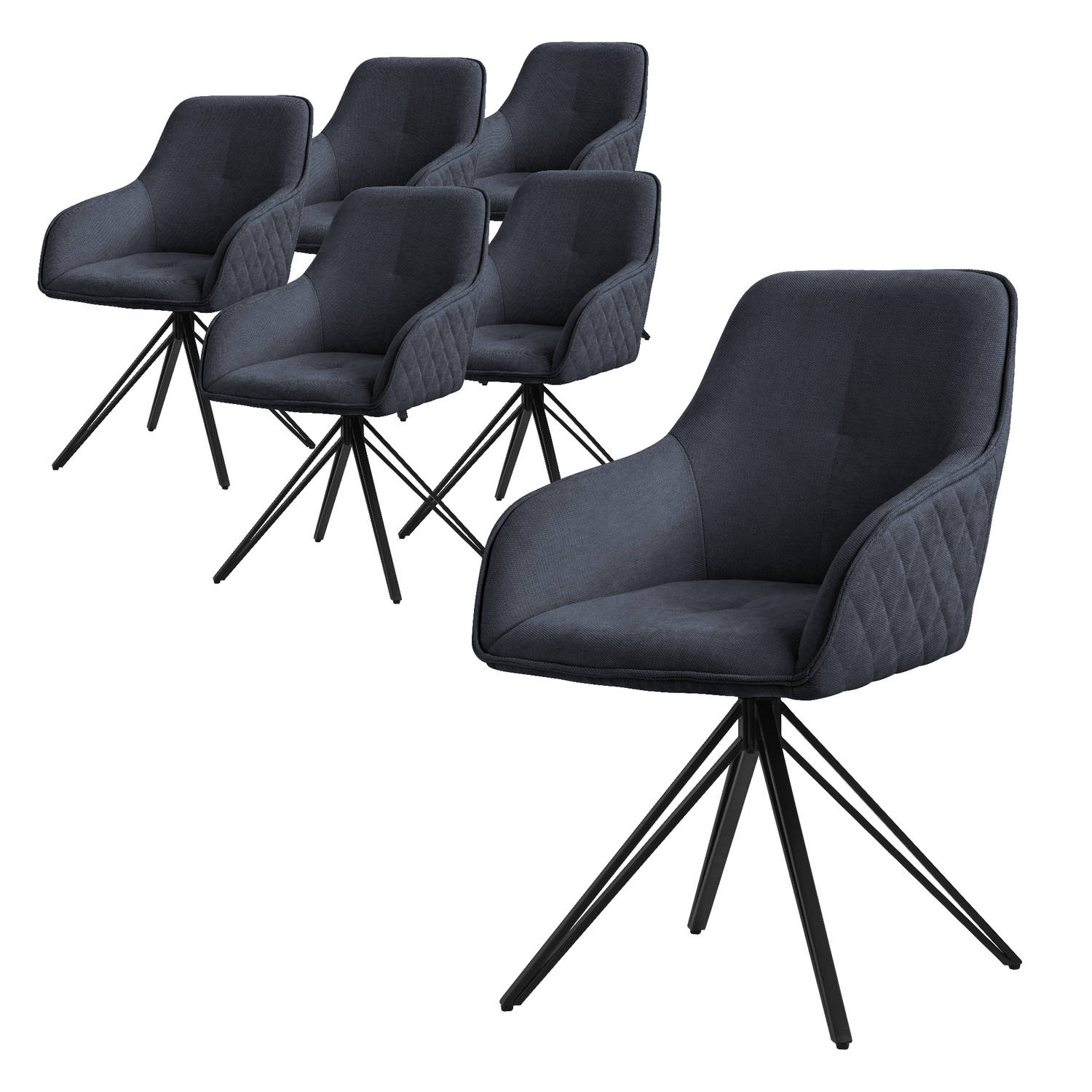 ML-Design eetkamerstoelen draaibaar set van 6, textiel geweven stof, zwart, woonkamerstoel met armleuning/rugleuning, 360° draaibare stoel, gestoffeerde stoel met metalen poten, er