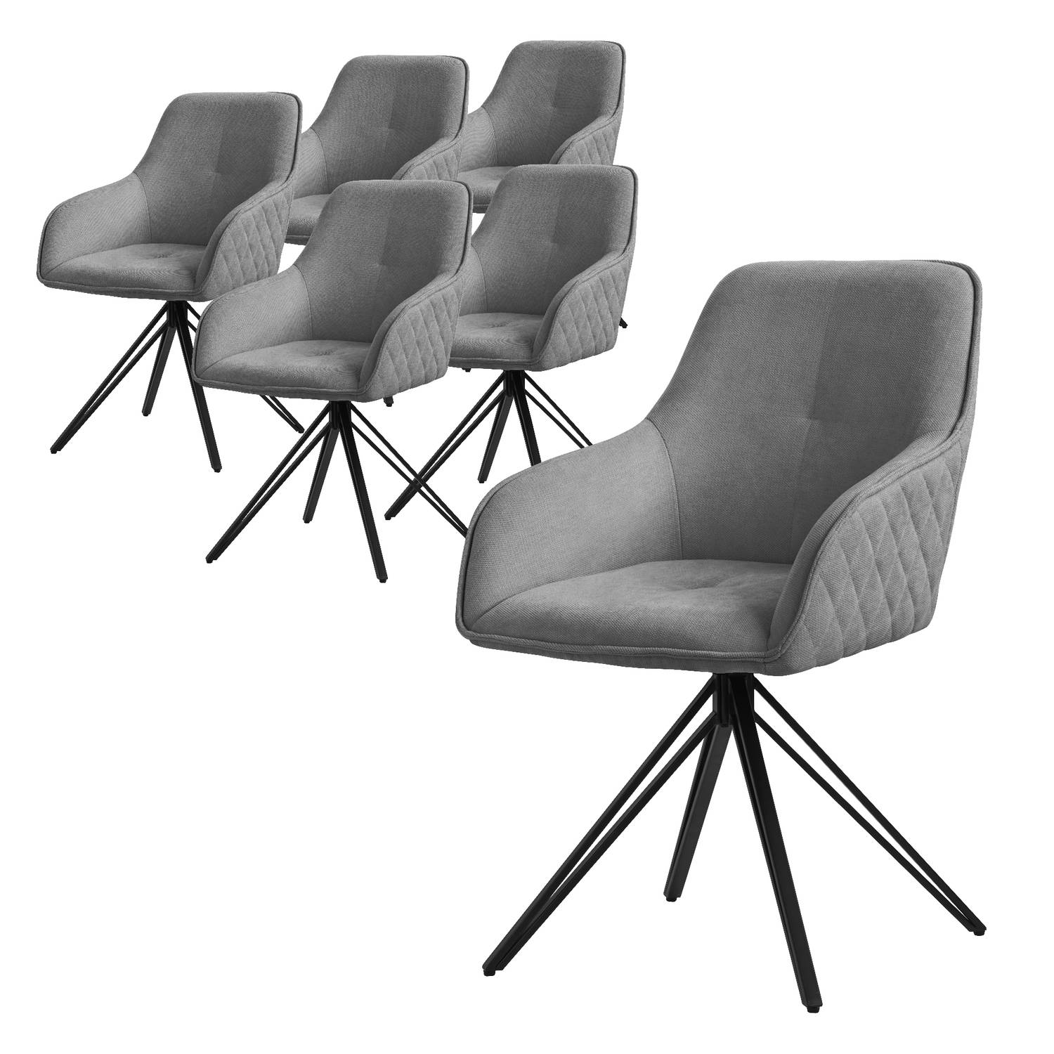 ML-Design eetkamerstoelen draaibaar set van 6, textiel geweven stof, grijs, woonkamerstoel met armleuning/rugleuning, 360° draaibare stoel, gestoffeerde stoel met metalen poten, er