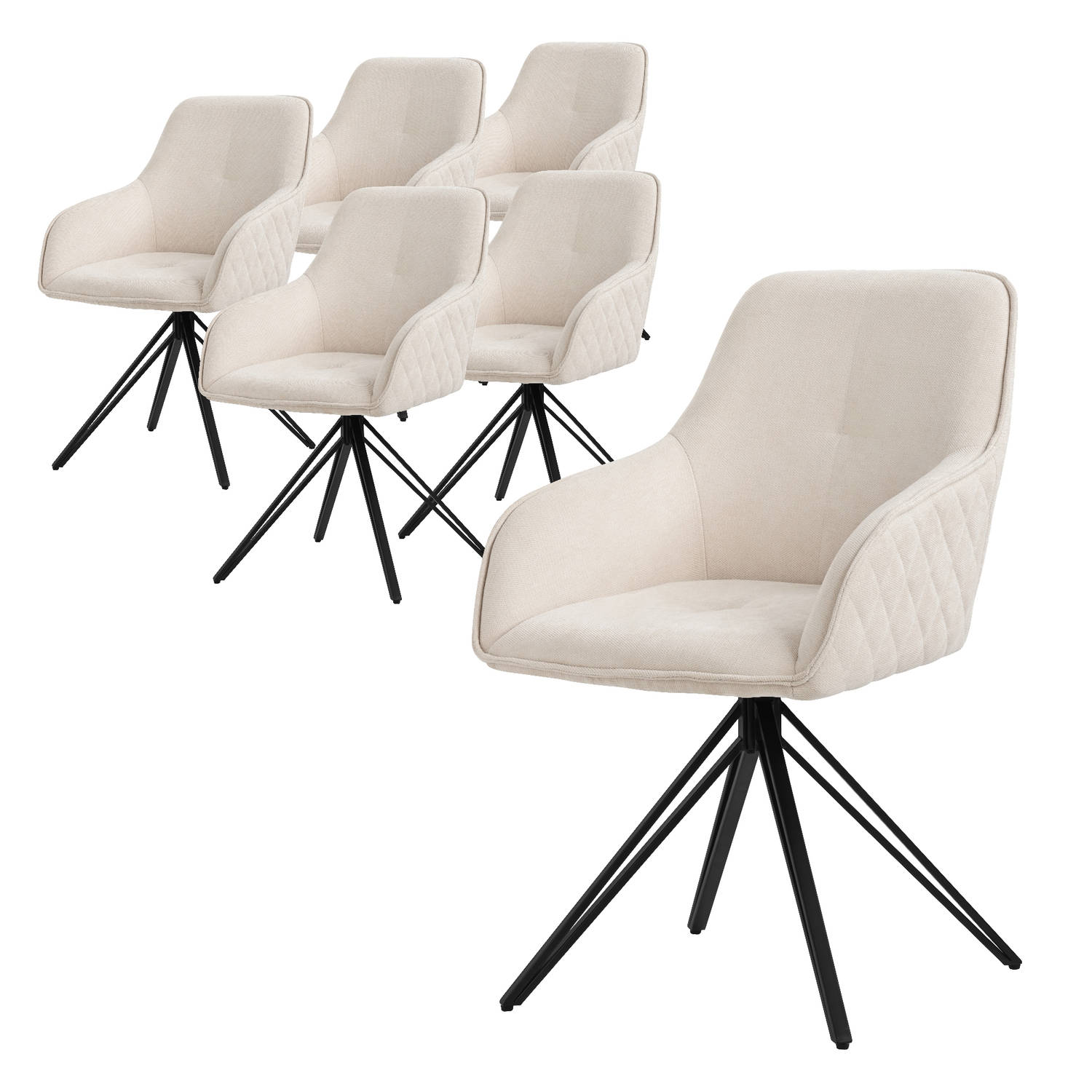 ML-Design eetkamerstoelen draaibaar set van 6, textiel geweven stof, crème, woonkamerstoel met armleuning/rugleuning, 360° draaibare stoel, gestoffeerde stoel met metalen poten, er