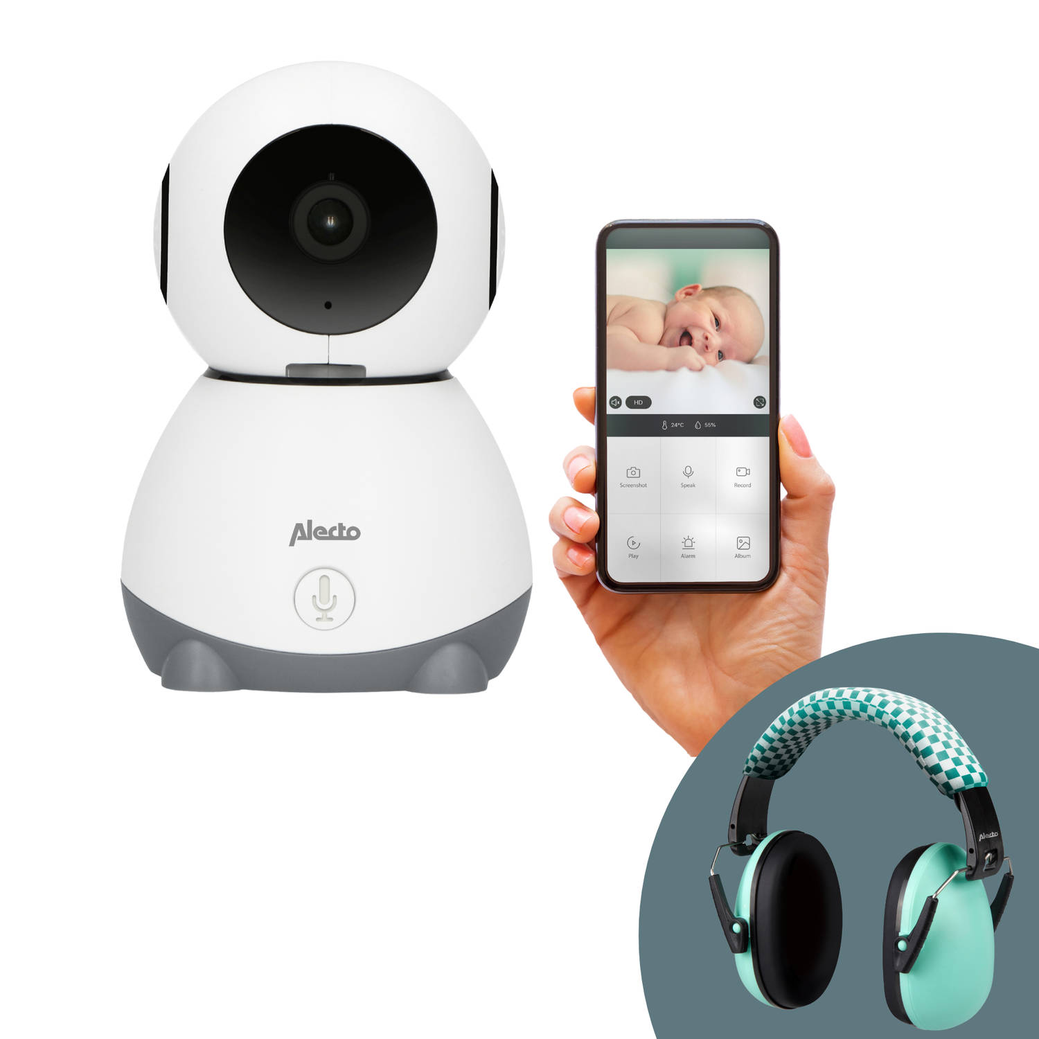 Alecto Wifi Babyfoon met Kinder Gehoorbescherming bundel - Babyfoon met Full HD Camera en App - SMARTBABY10 Wit + BV-71 Groen
