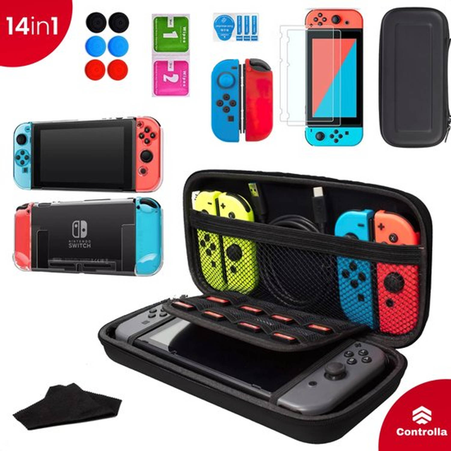 Controlla 14-delige accessoire set inclusief screenprotector en hoes geschikt voor Nintendo Switch