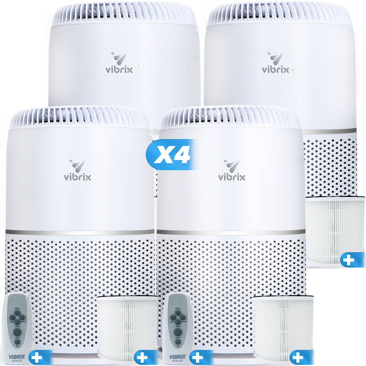 4 X Vibrix Vortex20 luchtreiniger + 4 afstandsbedieningen - Geschikt voor 1 m² tot wel 70 m² - Automatische stand + 6-in-1 HEPA filtersysteem - Luchtkwaliteit indicator - Ionisator