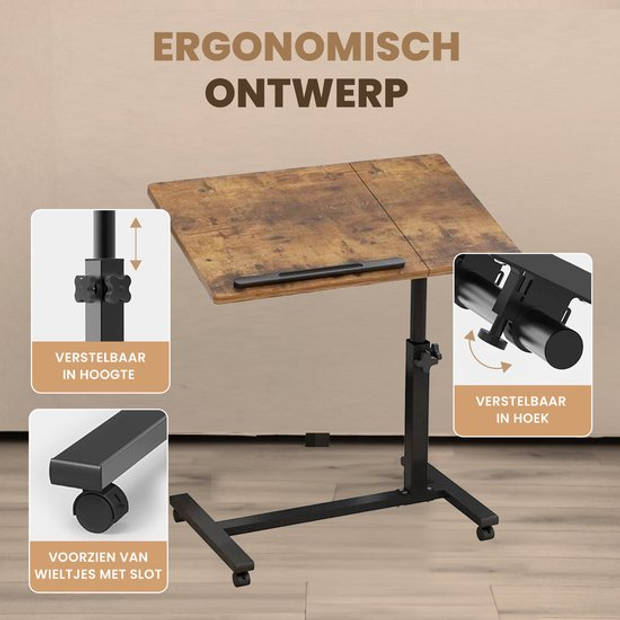 Merah® Laptoptafel en Bijzettafel op wielen – bedtafel – laptoptandaard – Industrieel