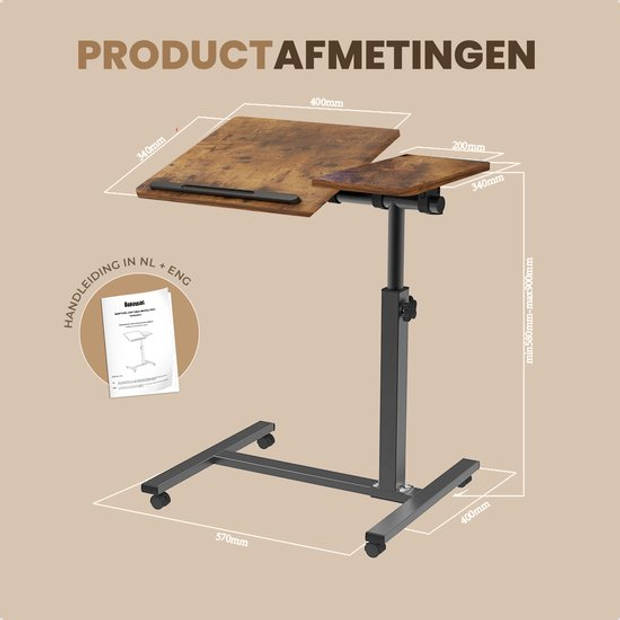 Merah® Laptoptafel en Bijzettafel op wielen – bedtafel – laptoptandaard – Industrieel