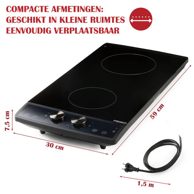 PRIMO PR304IKP Inductie Kookplaat Vrijstaand - Elektrische Kookplaat 2 Pits - 2900W - Zwart