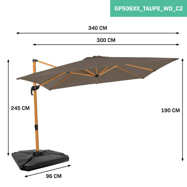 VONROC Premium Zweefparasol Pisogne 300x300cm – Incl. vulbare tegels, kruisvoet & beschermhoes – Vierkante parasol – 360