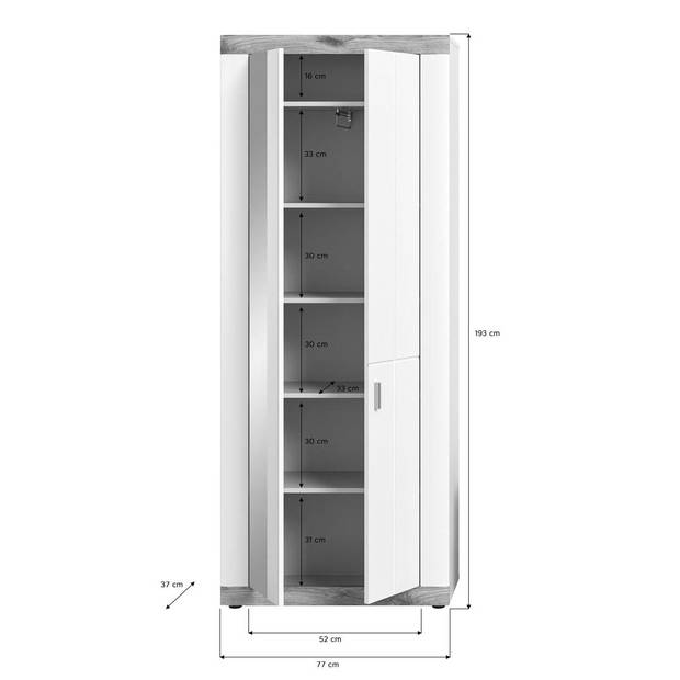 Laredo schoenenkast kledingkast 2 deuren , 1 ophangstang mat wit,eik decor,wit.