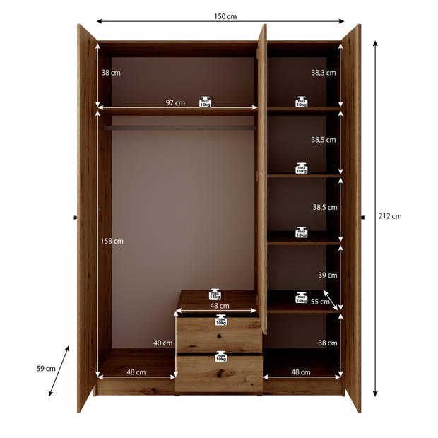 Meubella Kledingkast Guido - Eiken - 150 cm - Met spiegel