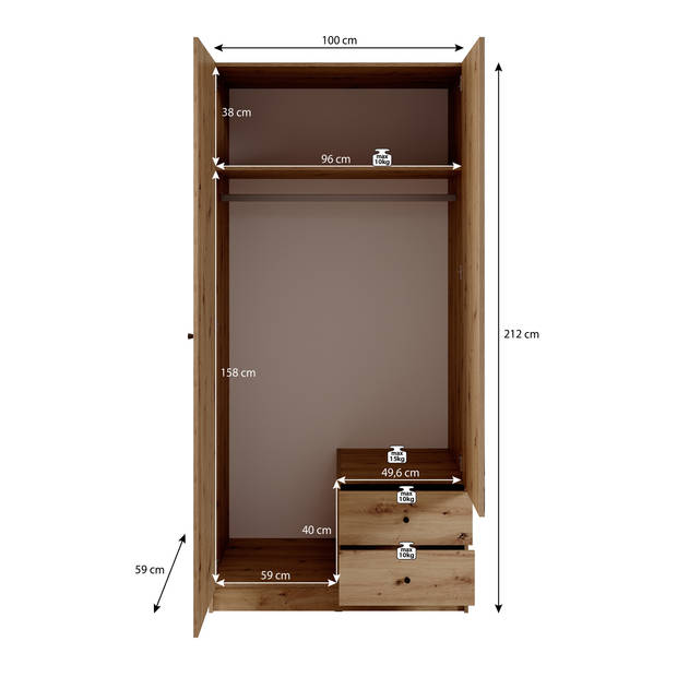 Meubella Kledingkast Guido - Eiken - 100 cm - Met spiegel