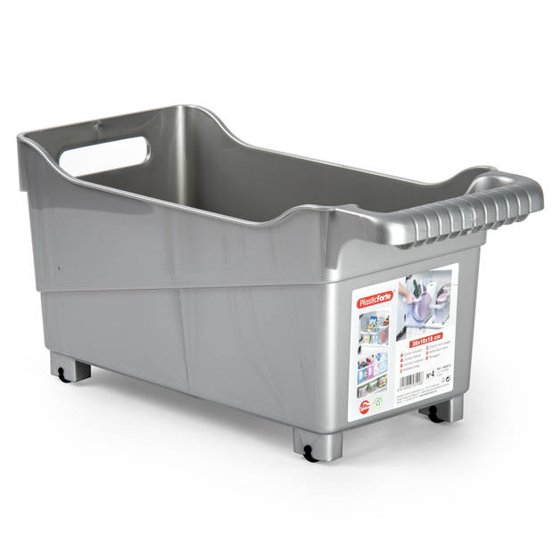 Plasticforte opberg Trolley Container - zilver - op wieltjes - L38 x B18 x H18 cm - kunststof - Opberg trolley