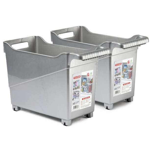 Plasticforte opberg Trolley Container - 2x - zilver - L38 x B18 x H26 cm - kunststof - Opberg trolley