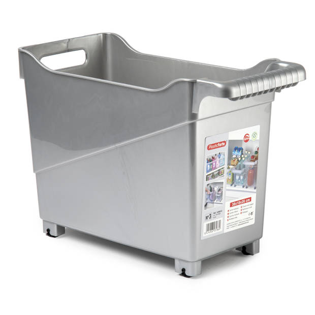 Plasticforte opberg Trolley Container - zilver - op wieltjes - L38 x B18 x H26 cm - kunststof - Opberg trolley