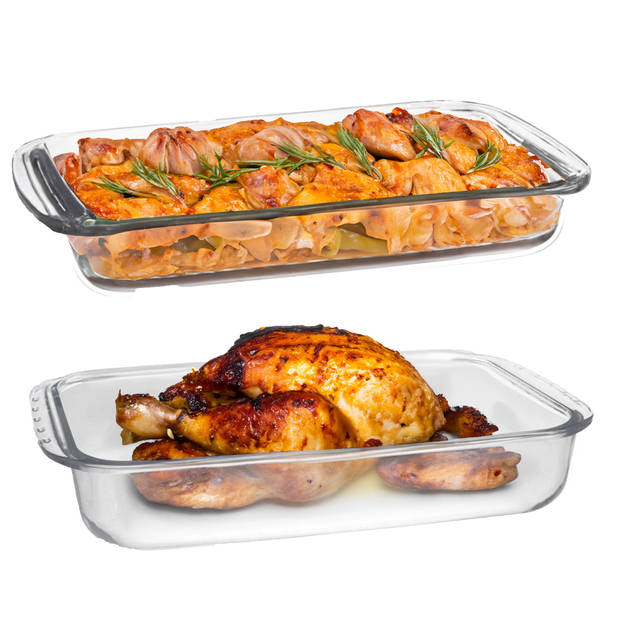 Ovenschaal van borosilicaat glas - set van 2 - rechthoek - 2.2 en 5.0 liter - serveerschaal - Ovenschalen