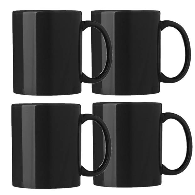 Bellatio Design Koffie mokken/bekers Nantes - 4x - keramiek - met oor - zwart - 300 ml - Bekers