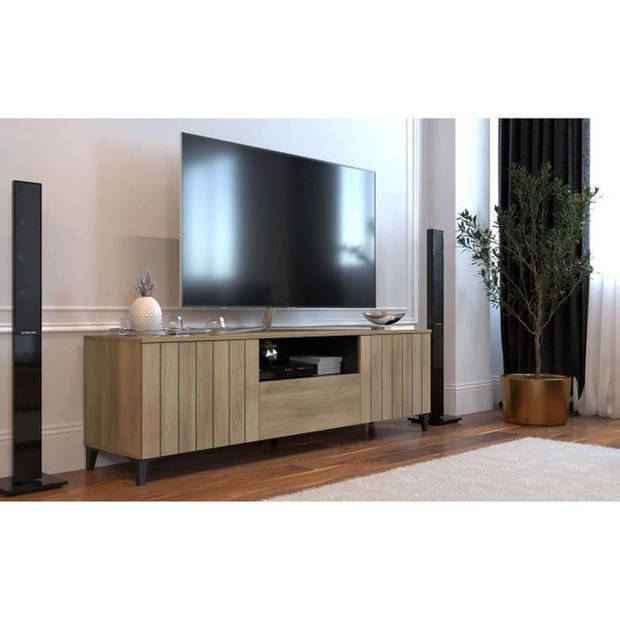 LINEAS TV-meubel - Eikenmelamine - 2 deuren + 1 lade + 1 nis - L180 x D44 x H55 cm