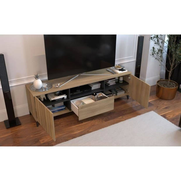 LINEAS TV-meubel - Eikenmelamine - 2 deuren + 1 lade + 1 nis - L180 x D44 x H55 cm