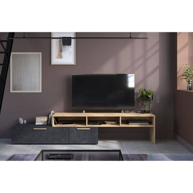 RAW TV-meubel - Decor eiken en Steam Black - 1 klep + 1 lade - 4 modulaties naar keuze - L250 x H 50 x D 46,6 cm