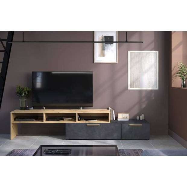 RAW TV-meubel - Decor eiken en Steam Black - 1 klep + 1 lade - 4 modulaties naar keuze - L250 x H 50 x D 46,6 cm