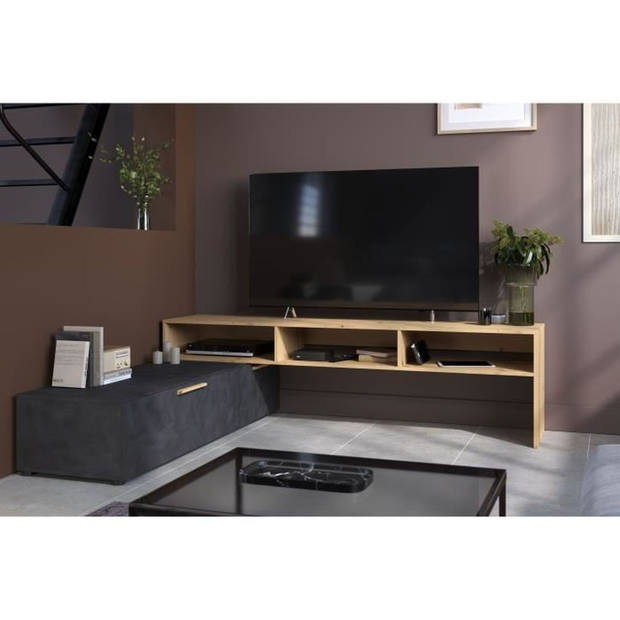 RAW TV-meubel - Decor eiken en Steam Black - 1 klep + 1 lade - 4 modulaties naar keuze - L250 x H 50 x D 46,6 cm