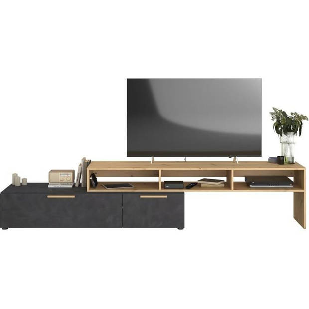 RAW TV-meubel - Decor eiken en Steam Black - 1 klep + 1 lade - 4 modulaties naar keuze - L250 x H 50 x D 46,6 cm