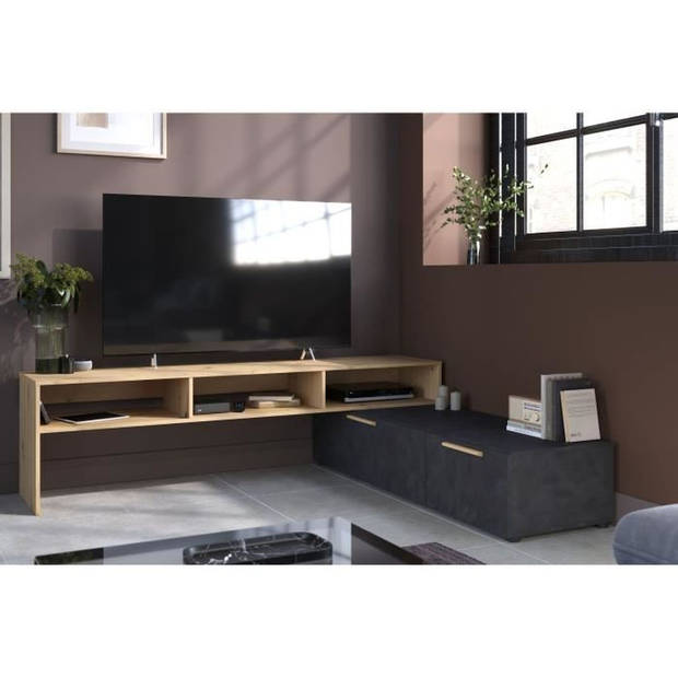 RAW TV-meubel - Decor eiken en Steam Black - 1 klep + 1 lade - 4 modulaties naar keuze - L250 x H 50 x D 46,6 cm