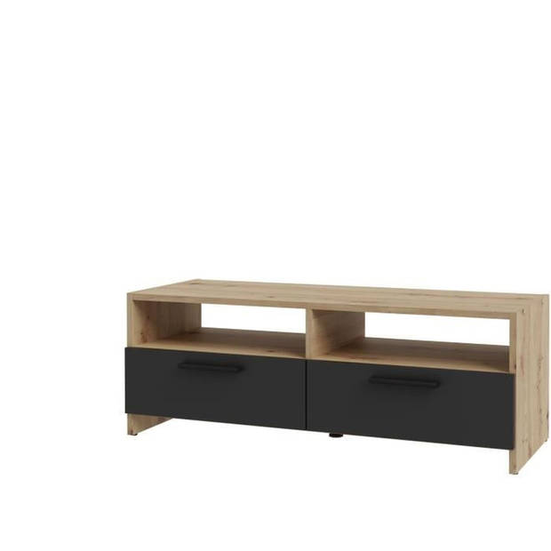 PILVI TV-meubel - Eigentijdse stijl - Eiken en Zwart decor - 2 kleppen + 2 nissen - L 95 x D 36 x H 34,5 cm