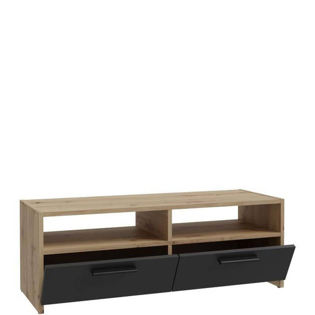 PILVI TV-meubel - Eigentijdse stijl - Eiken en Zwart decor - 2 kleppen + 2 nissen - L 95 x D 36 x H 34,5 cm