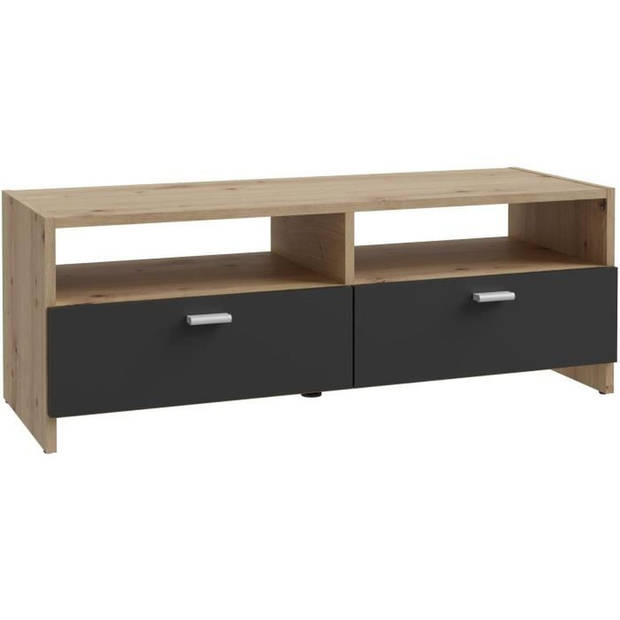 PILVI TV-meubel - Eigentijdse stijl - Eiken en Zwart decor - 2 kleppen + 2 nissen - L 95 x D 36 x H 34,5 cm