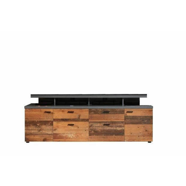 MOOD TV-meubel 2 deuren en 2 lades - Verouderd hout en mat grijze melamine - L 180 x 47 x 66 cm