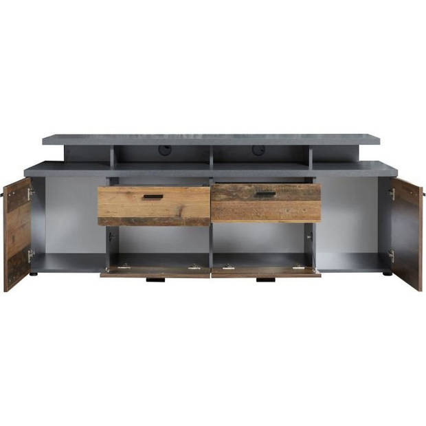 MOOD TV-meubel 2 deuren en 2 lades - Verouderd hout en mat grijze melamine - L 180 x 47 x 66 cm