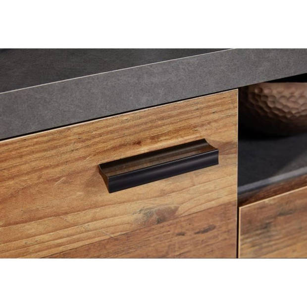 MOOD TV-meubel 2 deuren en 2 lades - Verouderd hout en mat grijze melamine - L 180 x 47 x 66 cm